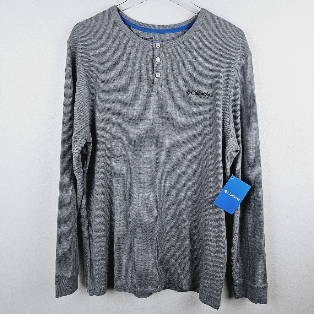 Columbia Gray Henley Waffle Knit Thermal Long Sleeve Shirt NWT, size Large